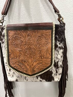Hand-Tooled Leather & Cowhide Fringe Shoulder Bag in Brown